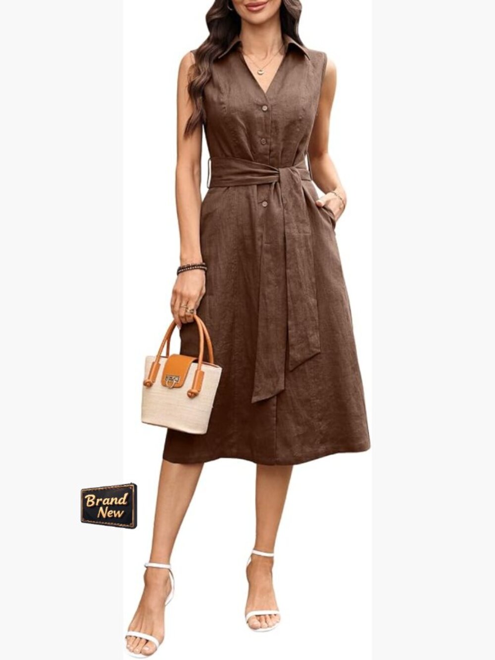 100% Linen Midi Shirt Dress V-Neck Sleeveless Button Down with Belt